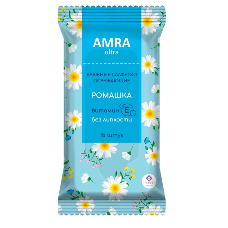 БУМФА ГРУПП AMRA Салфетки влажные освежающие лайм с мятой, ягодный микс, ромашка 15 шт